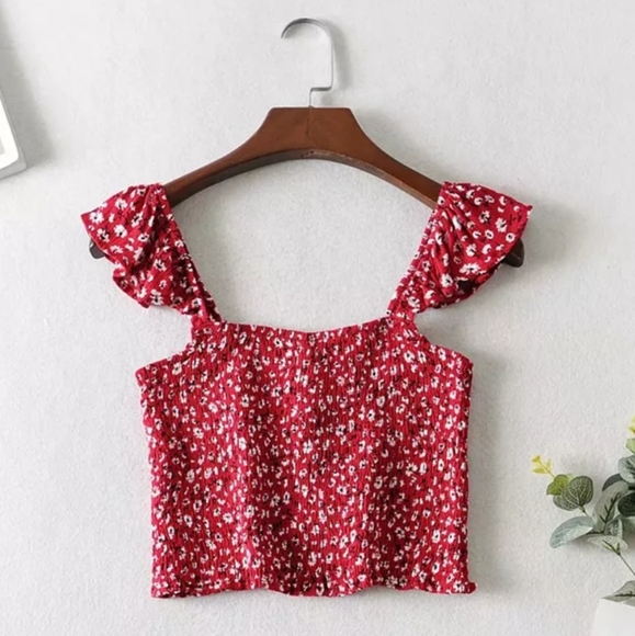 ×2 Red Floral Cotton Midi Skirt and Flutter Sleeve Top Set - Picture 5 of 13